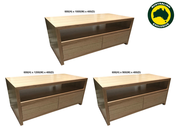 MORGAN (AUSSIE MADE) 2 DRAWER TV ENTERTAINEMNT UNIT COLLECTION - TASSIE OAK COMBINATION - ASSORTED STAINED COLOURS - STARTING FROM $799
