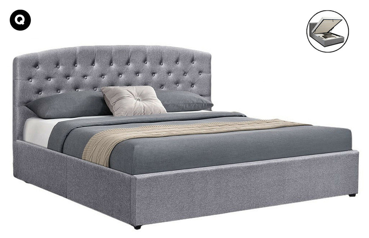 QUEEN MORPHEUS FABRIC GAS LIFT STORAGE BED WITH HEADBOARD - DARK GREY