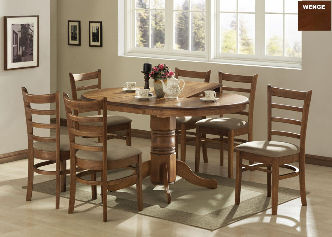 JAGUAR 7 PIECE ROUND EXTENSION SINGLE PEDESTAL DINING SETTING WITH TIMBER SEAT OR VELVET PADDED SEAT - 1060/1460(L) - ANTIQUE OAK (AS PICTURED) OR WENGE