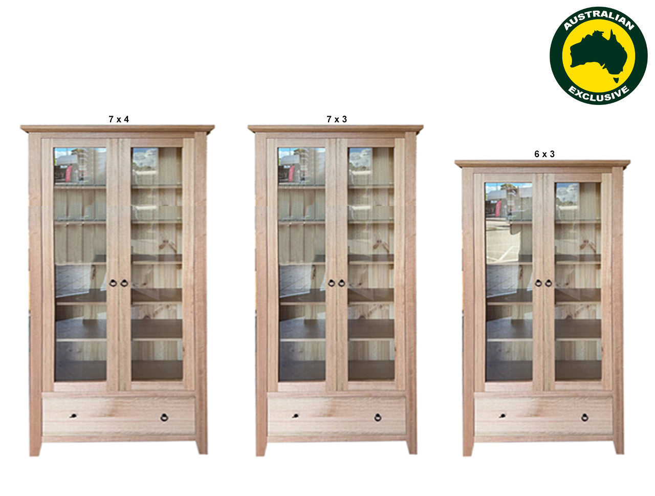 Manilla (AUSSIE MADE) 2 Glass Door / 1 Blanket Drawer Library Unit Collection - Tassie Oak Combination - Assorted Stained Colours