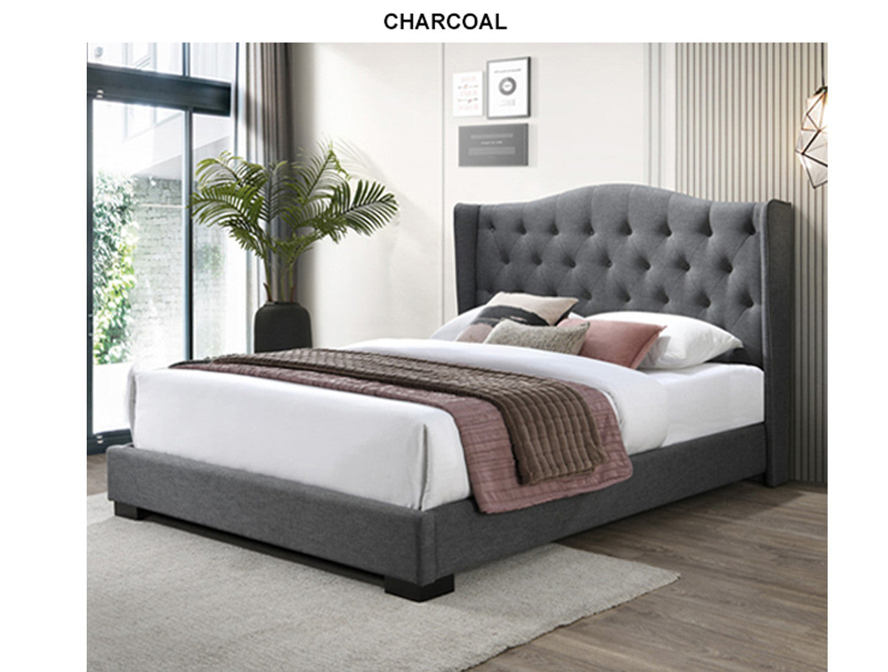 QUEEN SEAWIND WINGED BUTTONED LINEN FABRIC BED - (MODEL:13-5-13-16-8-9-19) - PEARL (LIGHT GREY) OR CHARCOAL (DARK GREY)