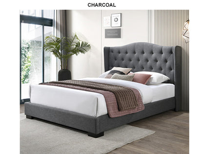 KING SEAWIND WINGED BUTTONED LINEN FABRIC BED - (MODEL:13-5-13-16-8-9-19) - PEARL ( LIGHT GREY) OR CHARCOAL (DARK GREY)