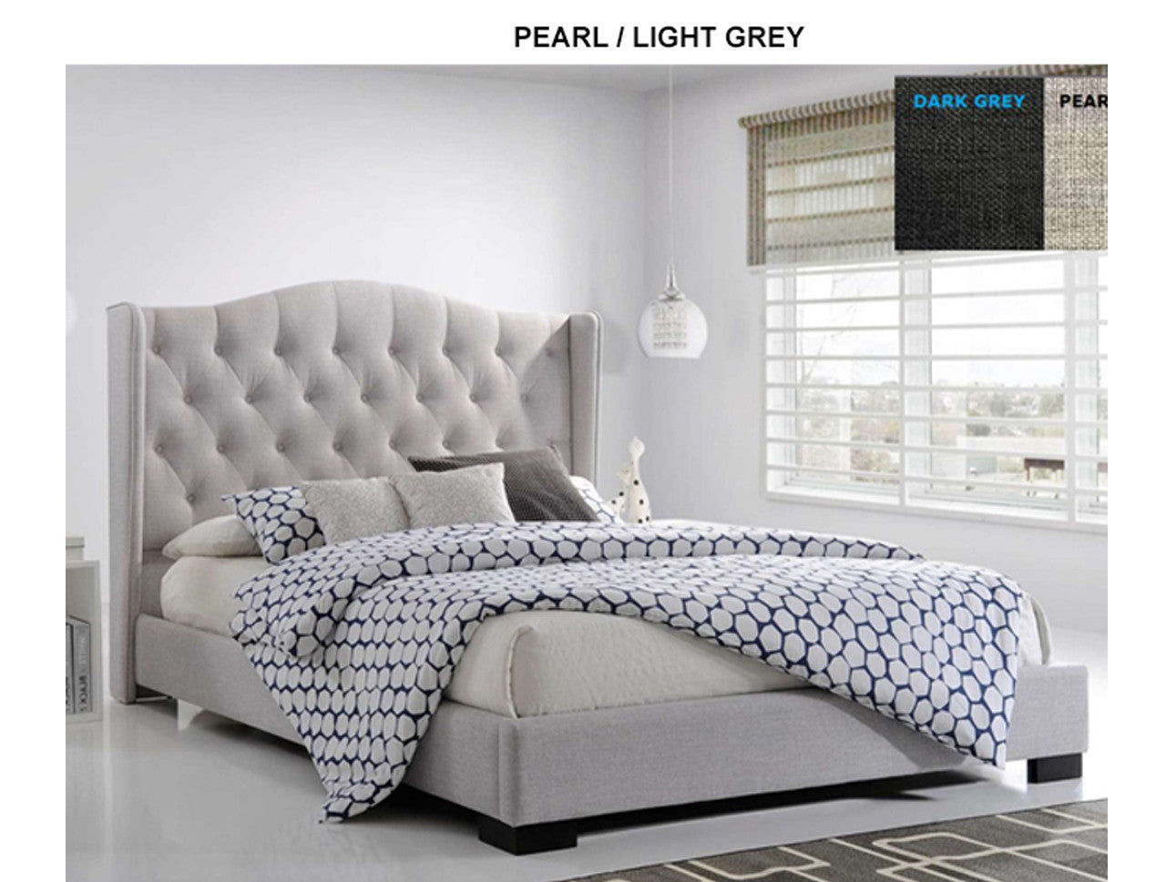 QUEEN SEAWIND WINGED BUTTONED LINEN FABRIC BED - (MODEL:13-5-13-16-8-9-19) - PEARL (LIGHT GREY) OR CHARCOAL (DARK GREY)
