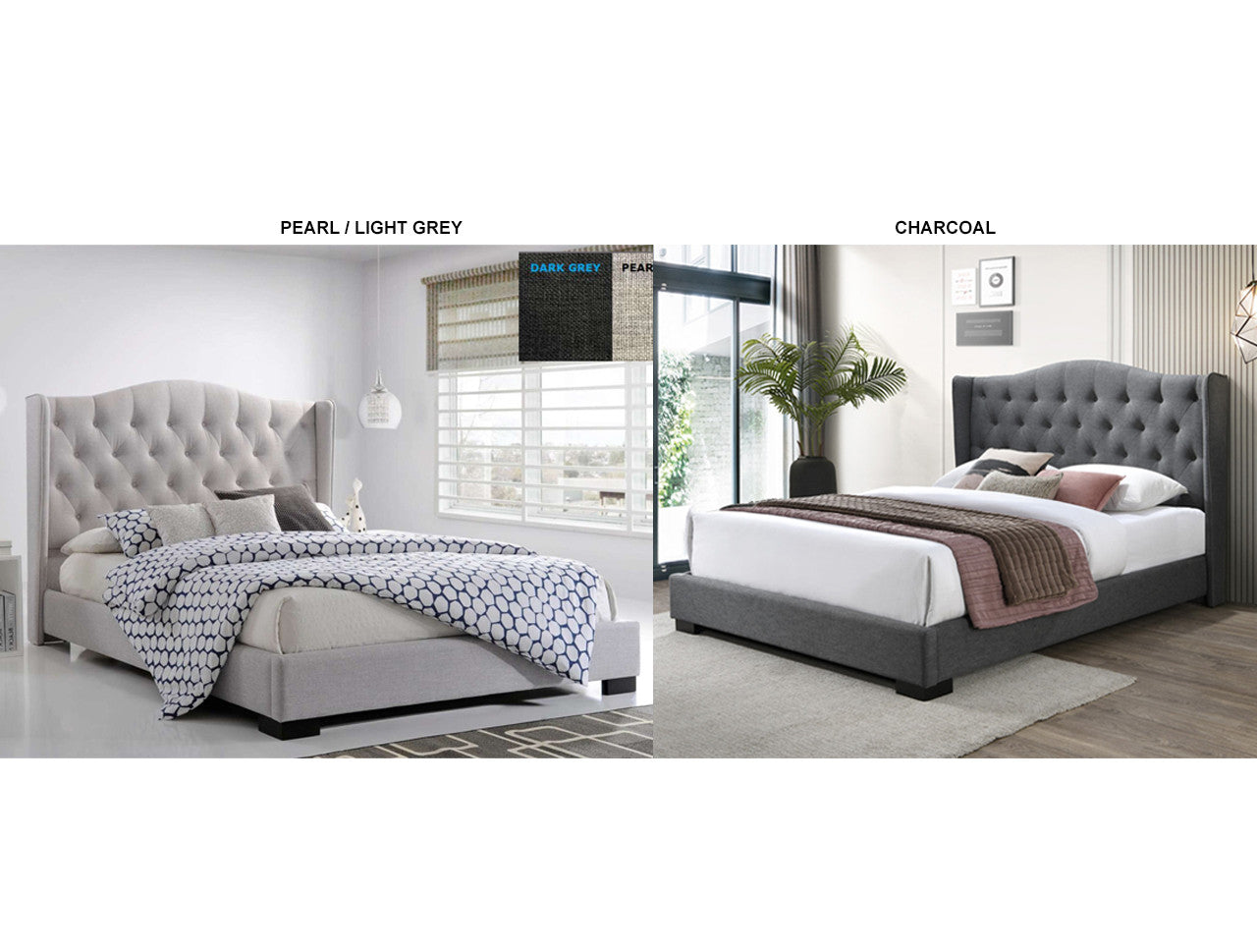 QUEEN SEAWIND WINGED BUTTONED LINEN FABRIC BED - (MODEL:13-5-13-16-8-9-19) - PEARL (LIGHT GREY) OR CHARCOAL (DARK GREY)