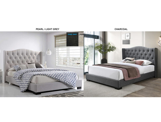 Queen Seawind Winged Buttoned Linen Fabric Bed - (MODEL:13-5-13-16-8-9-19) - Pearl (LIGHT GREY) Or Charcoal (DARK GREY)