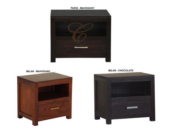 MILAN / PARIS 1 DRAWER LAMP / BEDSIDE TABLE - MAHOGANY OR CHOCOLATE