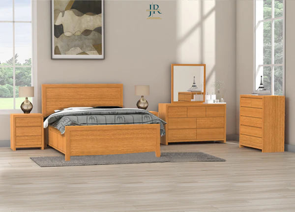 DOUBLE OR QUEEN MORGAN (AUSSIE MADE) 5 PIECE (DRESSER) BEDROOM SUITE WITH 4 UNDERBED STORAGE DRAWERS - BLACKWOOD OR AMERICAN OAK
