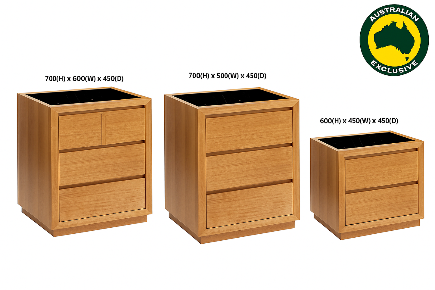 MORGAN (AUSSIE MADE) MARBLE TOP BEDSIDE TABLE WITH FLOATING BASE COLLECTION - TASSIE OAK COMBINATION - ASSORTED STAINED / MARBLE COLOURS - STARTING FROM $699
