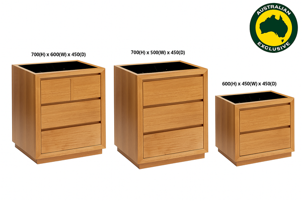 MORGAN (AUSSIE MADE) MARBLE TOP BEDSIDE TABLE WITH FLOATING BASE COLLECTION - TASSIE OAK COMBINATION - ASSORTED STAINED / MARBLE COLOURS - STARTING FROM $699
