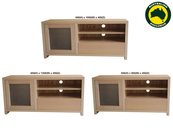 MORGAN (AUSSIE MADE) 1 DOOR / 1 DRAWER ENTERTAINMENT TV UNIT COLLECTION - TASSIE OAK COMBINATION - ASSORTED STAINED COLOURS - STARTING FROM $1799