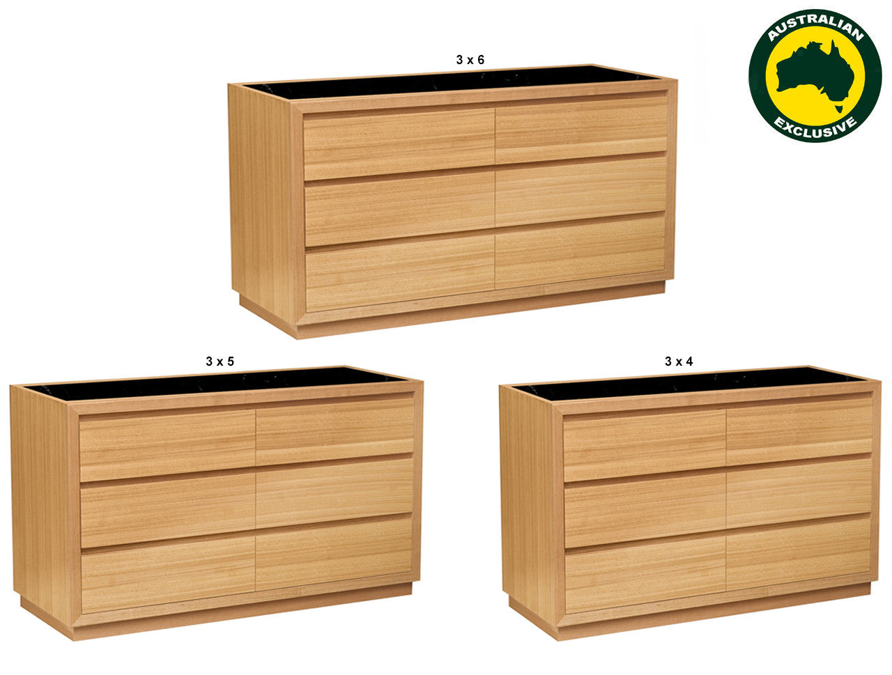 Morgan (AUSSIE MADE) 6 Drawer (3+3) Lowboy With Marble Top Insert Collection - Tassie Oak Combination - Assorted Stained / Marble / Glass Colours