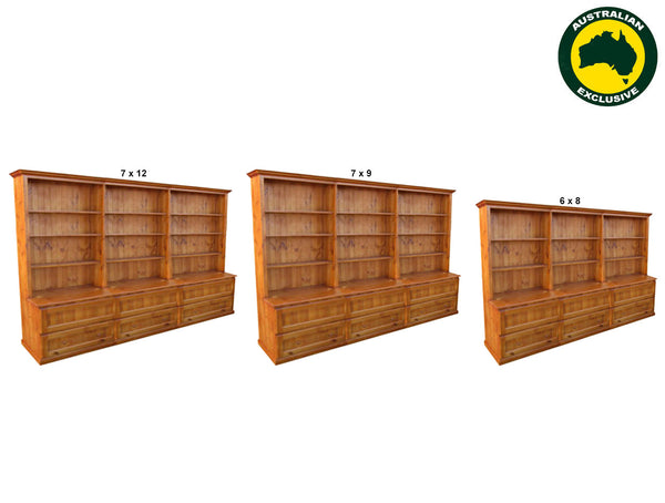 MUDGEE (AUSSIE MADE) BOOKCASE COMBO TRIPLE WITH 6 BLANKET DRAWERS COLLECTION - ASSORTED STAINED COLOURS - STARTING FROM $2499