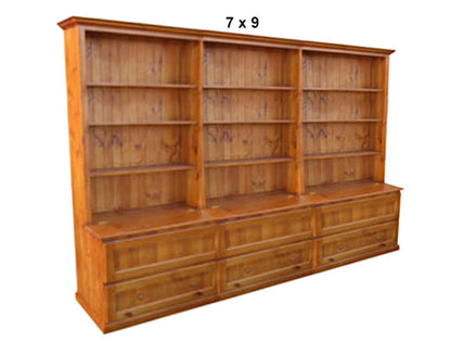 MUDGEE (AUSSIE MADE) BOOKCASE COMBO TRIPLE WITH 6 BLANKET DRAWERS COLLECTION - ASSORTED STAINED COLOURS - STARTING FROM $2499