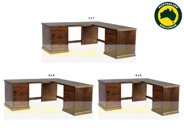MUDGEE (AUSSIE MADE) CORNER OFFICE DESK + 6 DRAWERS COLLECTION - ASSORTED STAINED COLOURS - STARTING FROM $1699