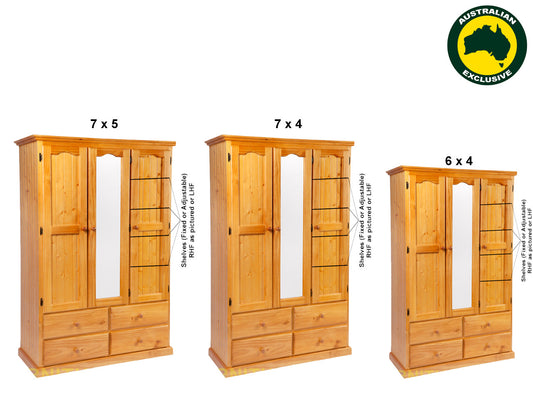 MUDGEE (AUSSIE MADE) WARDROBE COMBO WITH 3 DOORS & 4 DRAWERS - ASSORTED STAINED COLOURS - STARTING FROM $1299