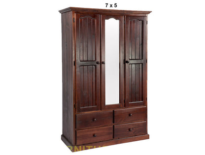 MUDGEE (AUSSIE MADE) MIRROR WARDROBE WITH 3 DOORS & 4 DRAWERS ALL HANGING COLLECTION - ASSORTED STAINED COLOURS - STARTING FROM $1199