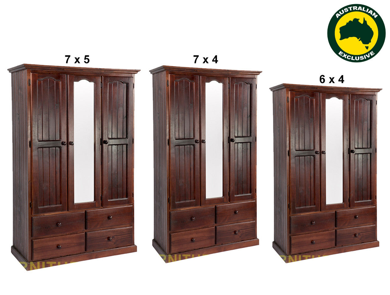 MUDGEE (AUSSIE MADE) MIRROR WARDROBE WITH 3 DOORS & 4 DRAWERS ALL HANGING COLLECTION - ASSORTED STAINED COLOURS - STARTING FROM $1199