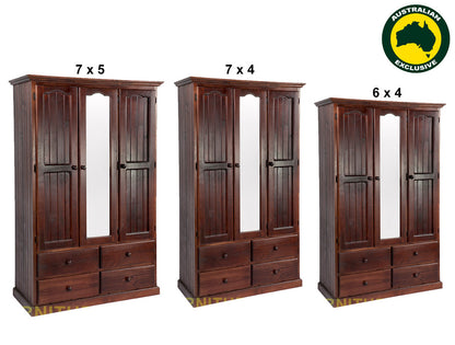 MUDGEE (AUSSIE MADE) MIRROR WARDROBE WITH 3 DOORS & 4 DRAWERS ALL HANGING COLLECTION - ASSORTED STAINED COLOURS - STARTING FROM $1199