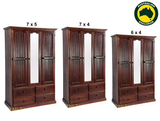 MUDGEE (AUSSIE MADE) MIRROR WARDROBE WITH 3 DOORS & 4 DRAWERS ALL HANGING COLLECTION - ASSORTED STAINED COLOURS - STARTING FROM $1199