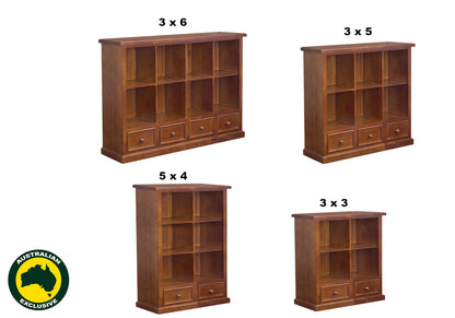 HUON THICK TOP (AUSSIE MADE) CUBE LOWLINE BOOKCASE  WITH PICTURE FRAMES DRAWERS COLLECTION - ASSORTED STAINED COLOURS - STARTING FROM $1599