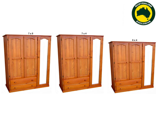 MUDGEE (AUSSIE MADE) UTILITY WARDROBE WITH MIRROR (RIGHT OR LEFT HAND SSIDE FACING) COLLECTION - ASSORTED STAINED COLOURS - STARTING FROM $1299