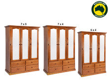 MUDGEE (AUSSIE MADE) WARDROBE WITH 3 MIRRORED DOORS / 4 DRAWERS WARDROBE COLLECTION - ASSORTED STAINED COLOURS - STARTING FROM $1199