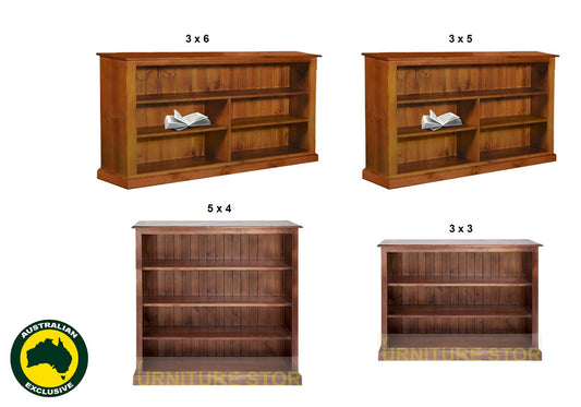 MUDGEE (AUSSIE MADE) STANDARD LOWLINE WITH 40MM FACINGS BOOKCASE COLLECTION - ASSORTED STAINED COLOURS - STARTING FROM $249