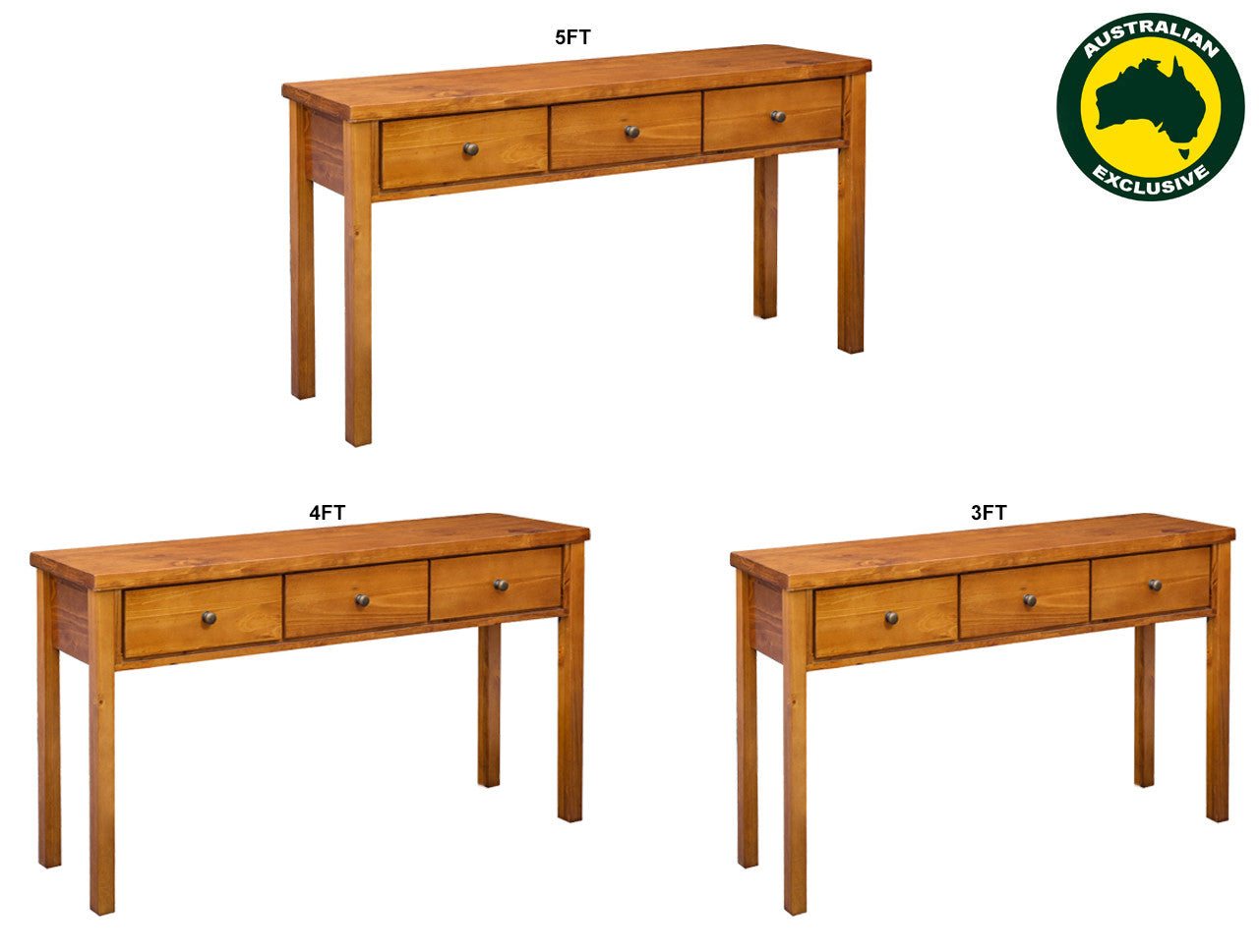 Noosa (AUSSIE MADE) 3 Drawer Hall Table Collection - Assorted Stained Colours