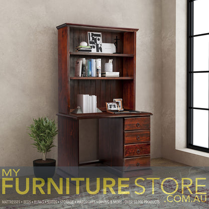 NOOSA (AUSSIE MADE) 4 DRAWER TIMBER DESK & HUTCH COLLECTION - ASSORTED STAINED COLOURS - STARTING FROM $899