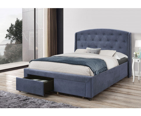 Queen Pixie Fabric Bed With Underbed Drawers - Navy Blue