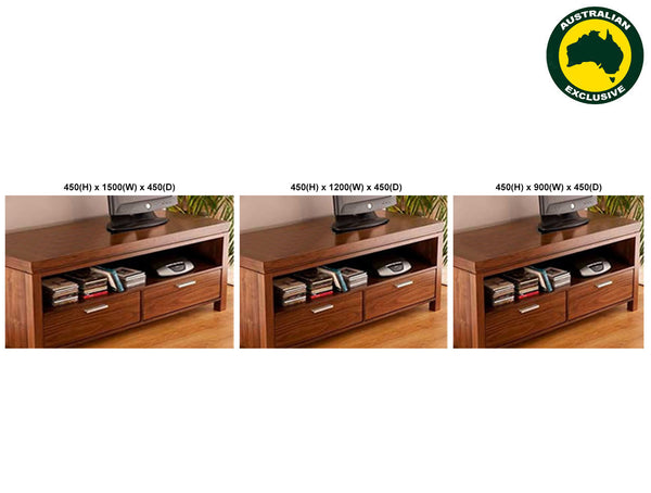 NEVADA (AUSSIE MADE) TV ENTERTAINMENT UNIT WITH 2 DRAWERS / 1 OPEN SHELF COLLECTION - ASSORTED STAINED COLOURS - STARTING FROM $599