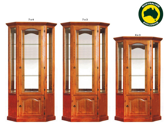 New York (AUSSIE MADE) Crystal Corner Display Cabinet With Mirrored Back Collection - Assorted Stained Colours