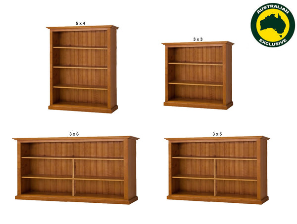 NOLAN (AUSSIE MADE) LOWLINE BOOKCASE 40mm TRIMM COLLECTION - ASSORTED STAINED COLOURS - STARTING FROM $399