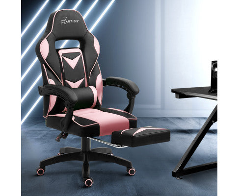 Matthias Office Computer Gaming Chair With Footrest- Black & Pink