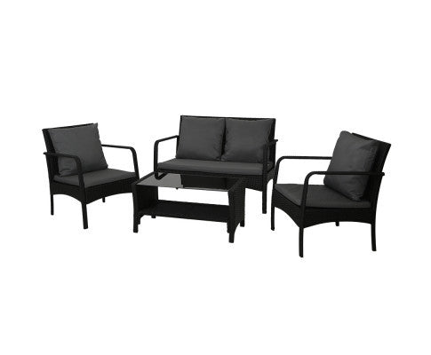 SIMONE OUTDOOR 4 PIECE RATTAN LOUNGE SET - BLACK