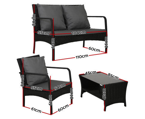 SIMONE OUTDOOR 4 PIECE RATTAN LOUNGE SET - BLACK