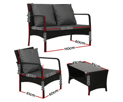 SIMONE OUTDOOR 4 PIECE RATTAN LOUNGE SET - BLACK