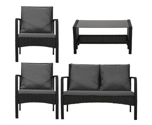 SIMONE OUTDOOR 4 PIECE RATTAN LOUNGE SET - BLACK