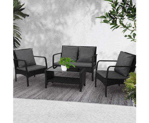 Simone Outdoor 4 Piece Rattan Lounge Set - Black