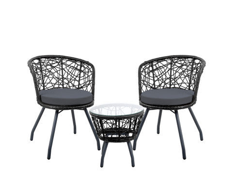 HERBERT 3 PIECE OUTDOOR ROUND RATTAN LOUNGE SETTING - BLACK