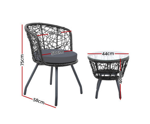 HERBERT 3 PIECE OUTDOOR ROUND RATTAN LOUNGE SETTING - BLACK