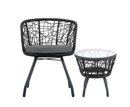 HERBERT 3 PIECE OUTDOOR ROUND RATTAN LOUNGE SETTING - BLACK
