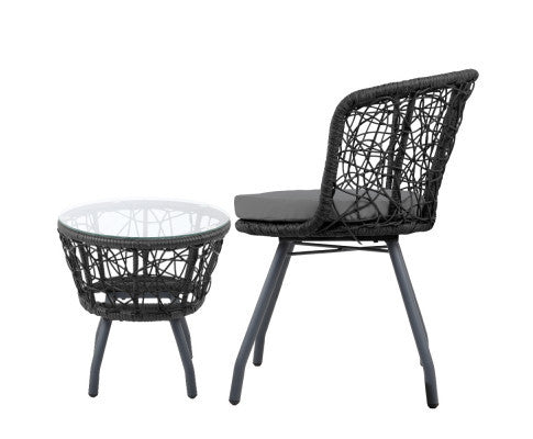 HERBERT 3 PIECE OUTDOOR ROUND RATTAN LOUNGE SETTING - BLACK