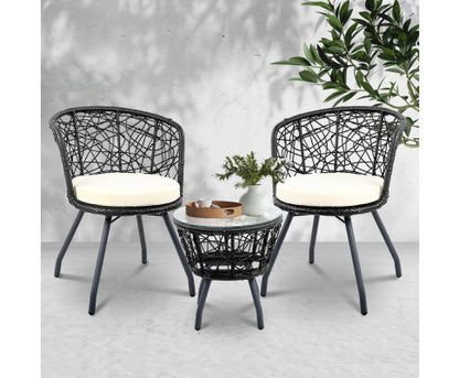 HERBERT 3 PIECE OUTDOOR ROUND RATTAN LOUNGE SETTING - BLACK