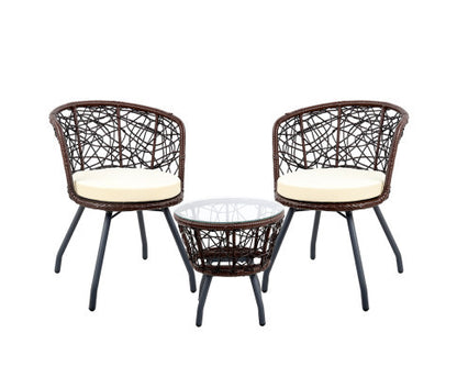 HERBERT 3 PIECE OUTDOOR ROUND RATTAN LOUNGE SETTING - BROWN