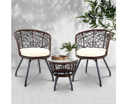 HERBERT 3 PIECE OUTDOOR ROUND RATTAN LOUNGE SETTING - BROWN