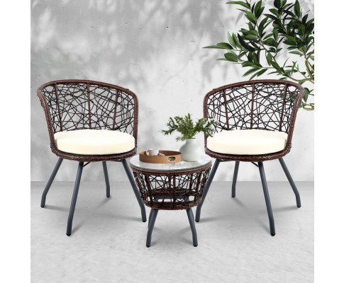 HERBERT 3 PIECE OUTDOOR ROUND RATTAN LOUNGE SETTING - BROWN