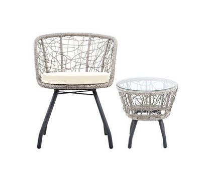 HERBERT 3 PIECE OUTDOOR ROUND RATTAN LOUNGE SETTING - GREY