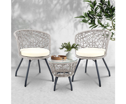 HERBERT 3 PIECE OUTDOOR ROUND RATTAN LOUNGE SETTING - GREY