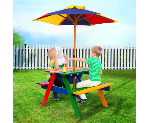 CAROLINE INDOOR/OUTDOOR KIDS WOODEN PICNIC SET WITH UMBRELLA - AS PICTURED